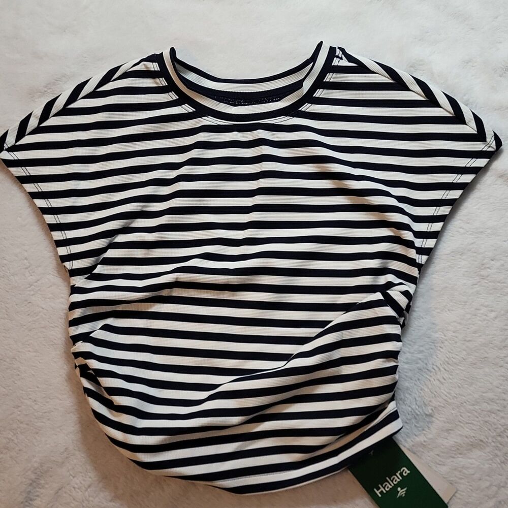 Halara Striped Knit Short Sleeve Crew Neck Stretch Yoga Top XS Black White Nylon